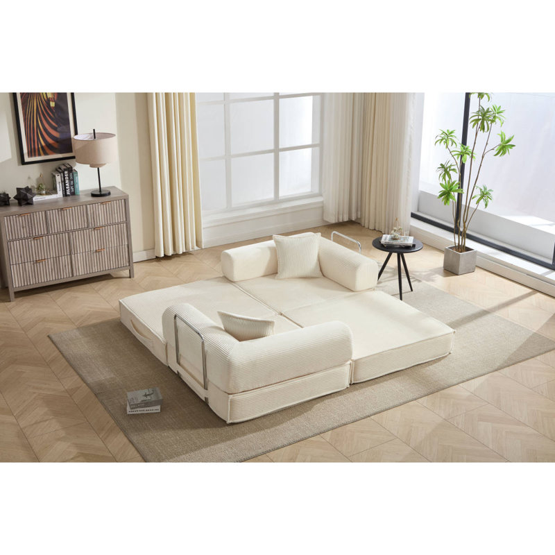 Canapé-lit de 78 po convertible, canapé modulaire en velours côtelé avec 2 coussins, canapé à plancher comprimé compact, idéal pour le salon, la chambre à coucher, un appartement, beige.