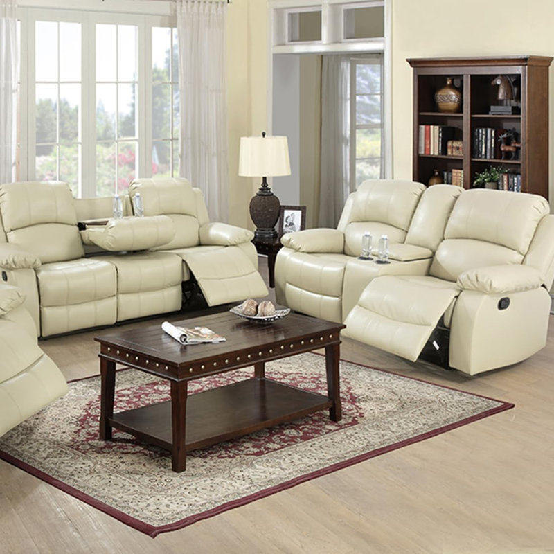 Ensemble de canapé de salon inclinable manuel en cuir 2 pièces Waunda, Similicuir beige