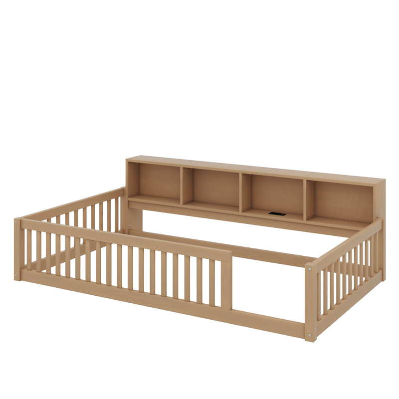 Lit simple au sol avec armoires et ports USB, Brun