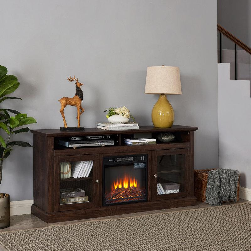 Meuble télé contemporain avec meuble télé avec foyer encastrable 18 po pour téléviseur de 65 po ou moins avec espace de rangement ouvert et fermé, brun, l 60 po x P 15,75 po x H 29 po