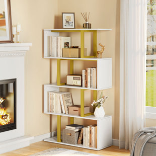 6 Shelf Etagere Bookcase Bookshelf 71 inch Tall Modern Bookshelves, Gold and White