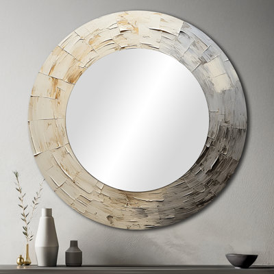 Grey Beige Meditative Movement - Abstract Spirals Decorative Wall Mirror, Modern Large Round Mirror, Printed Metal Art