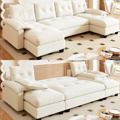 Canapé-lit en forme de U de 266 cm (104,7 po), 3 en 1, avec fonction gigogne, compartiment détachable, chargeur intégré, 4 oreillers, en chenille grise, pour appartement beige/blanc.