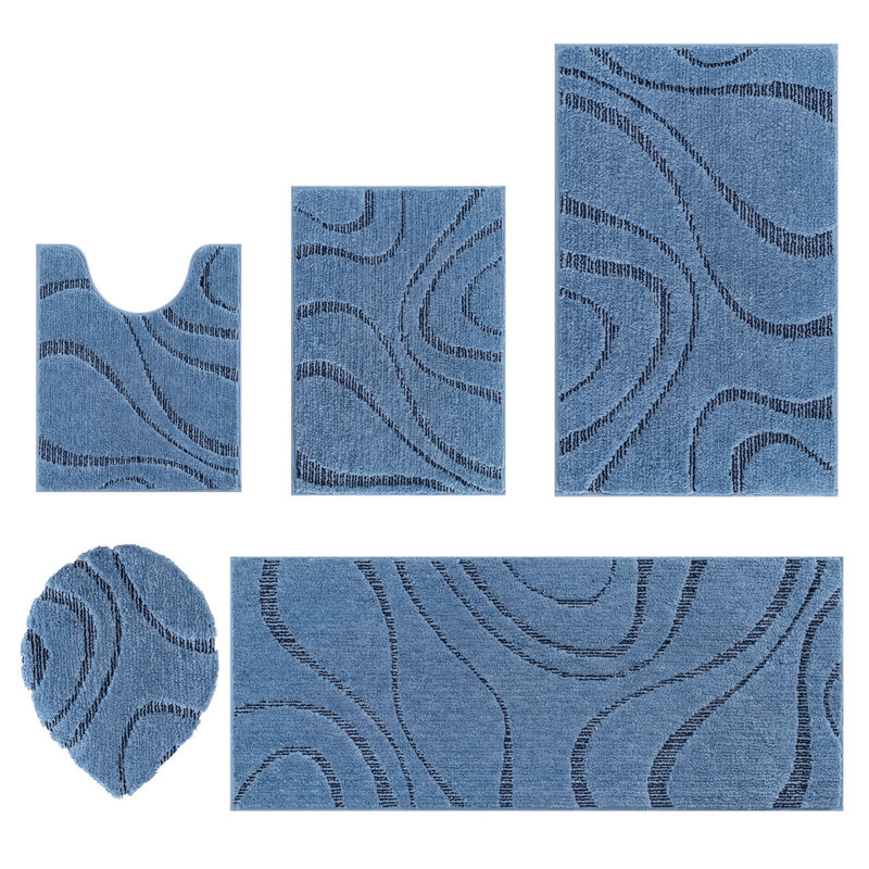 5 Piece Soft Absorbent Microfiber Bath Rug Set with Non-Slip Backing, Dark Blue