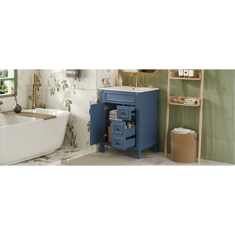 Meuble-lavabo de 24 po avec lavabo, petite 2 tiroirs et tablette réglable, style français, rails, Blue