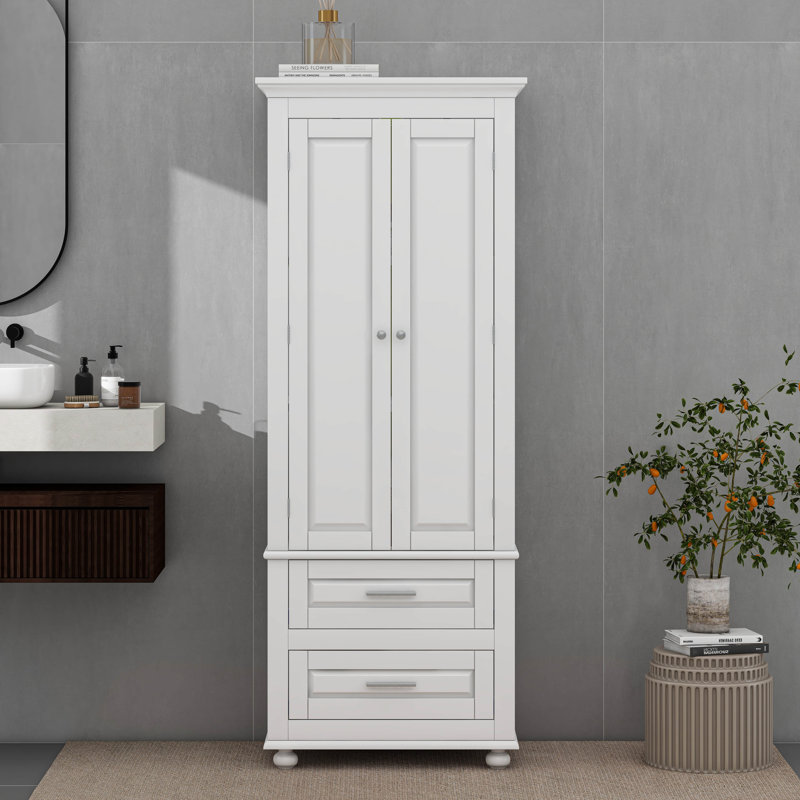 Tall Storage Cabinet With Two Drawers, White