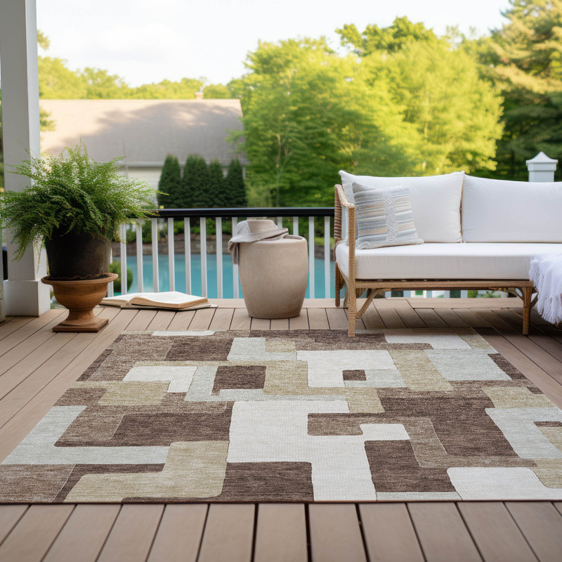 Brown Geometric Rectangular Synthetic Indoor/Outdoor Rug