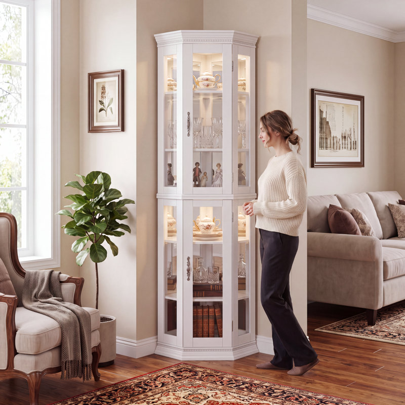 Vitrine de coin lumineuse avec portes en verre et tablettes en verre, Blanc doux