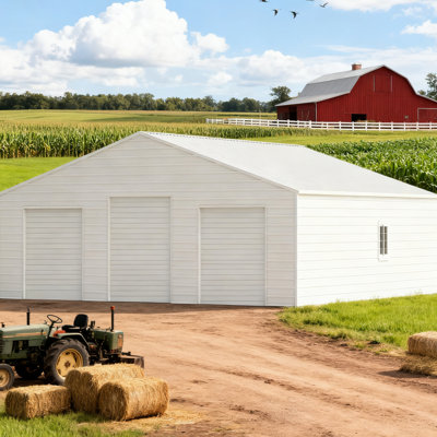 Garage métallique de 12 m (39 pi), construction robuste avec 3 portes sectionnelles, hauteur de 4,6 m (15 pi), superficie de 141 m² (1 521 pi²), couleur crème, durée de vie de 15 à 20 ans selon Barn, idéal pour le rangement de véhicules et de machines, 2 fenêtres, acier de calibre 14/16.
