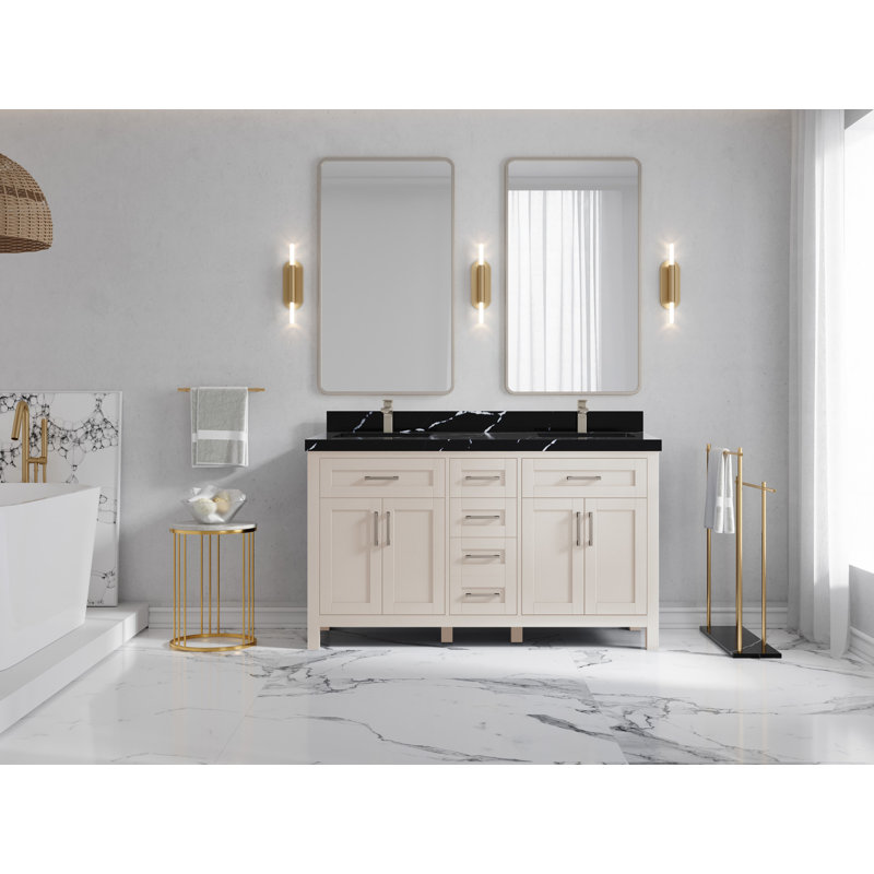 60 po Cambridge X P 22 po D Meuble-lavabo double en grain fin avec 2 po Quartz noir Calacatta
