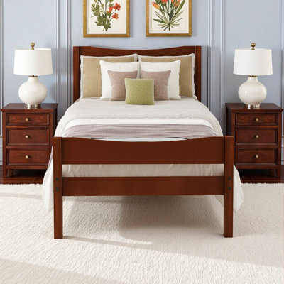 Twin Size Solid Wood Platform Bed with Headboard in Walnut Finish