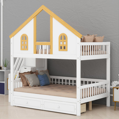 Playhouse Bunk Bed with Storage Drawers, Staircase & Roof
