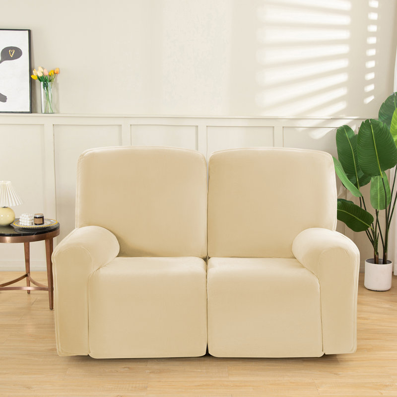 Box Cushion Recliner Slipcover, Beige Velvet