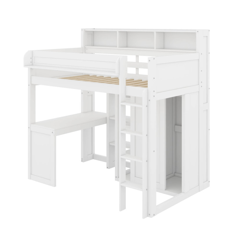 Lit mezzanine simple avec tablettes et garde-robe, Blanc