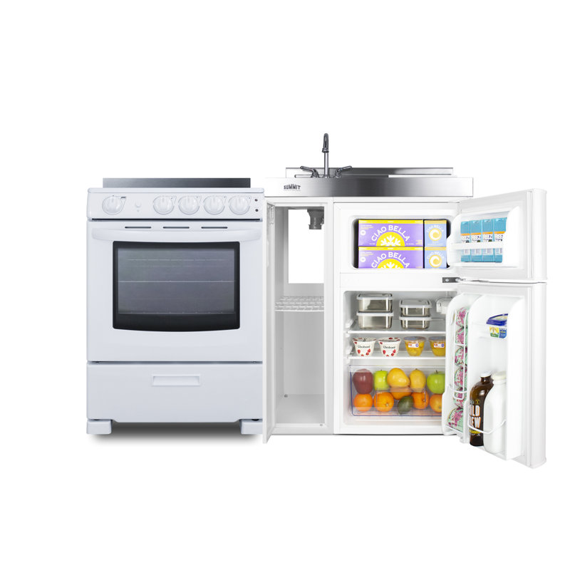 White Stainless Steel All-in-One Kitchenette with Refrigerator, Sink, and Range