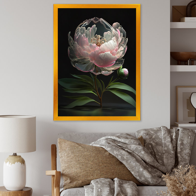 Décoration murale pivoines roses et vertes - pivoines florales, Encadrement doré, L 34 po x H 44 po