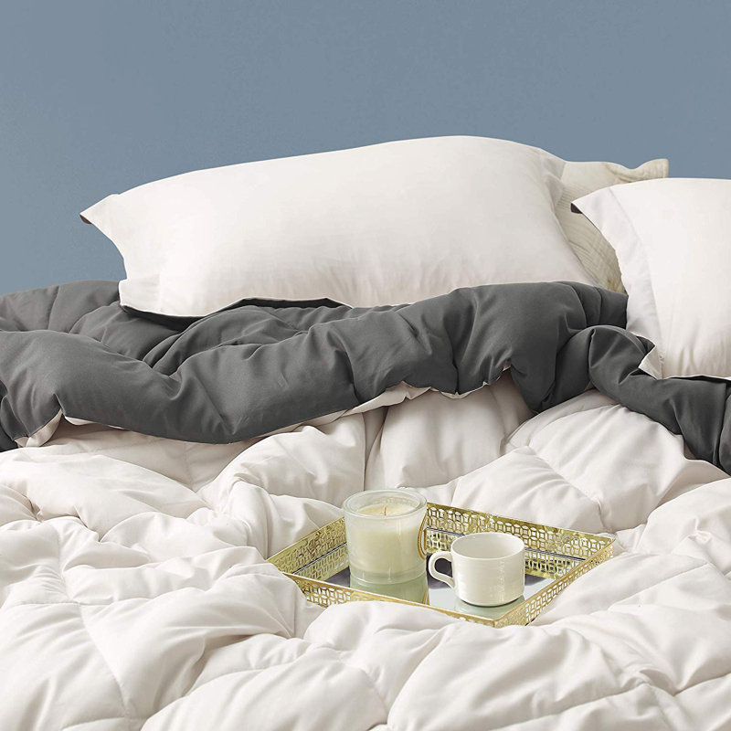 Box Stitch Comforter Set, Twin XL Comforter, White/Gray