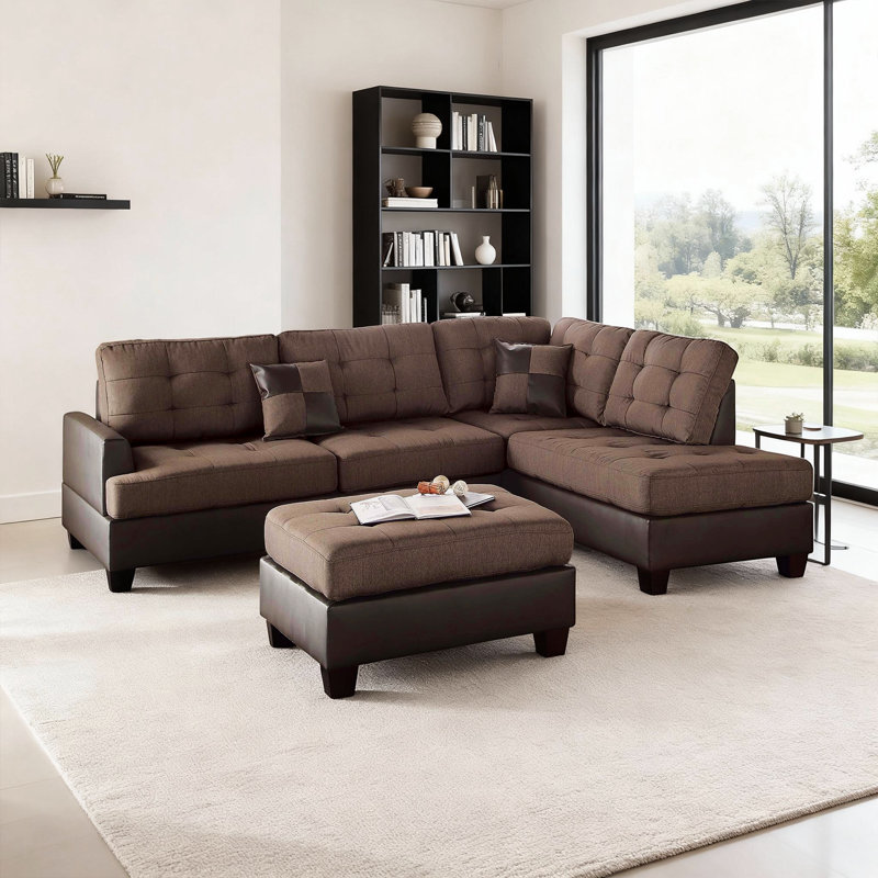 Canapé modulaire réversible 3 pièces avec repose-pieds et coussins décoratifs, Chocolat