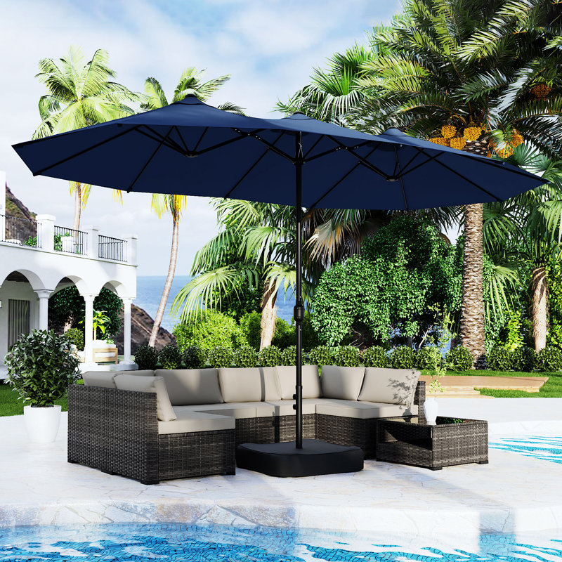 Grand parasol de patio à double face 15 pi avec base, Bleu très foncé