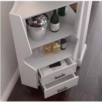 Wooden Corner bar cabinet with 2 open storage shelves and 2 drawers, mirrored back sideboard cabinet, high feet/legs for easy cleaning, buffet cabinet WHITE