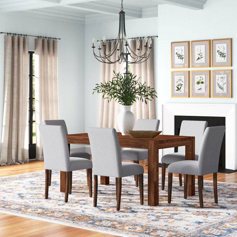 7 Piece Dining Table Set Consist of a Rectangle Rustic Wood Kitchen Table and 6 Grey Linen Fabric Upholstered Parson Chairs, 36x60 Inch, Natural Walnut
