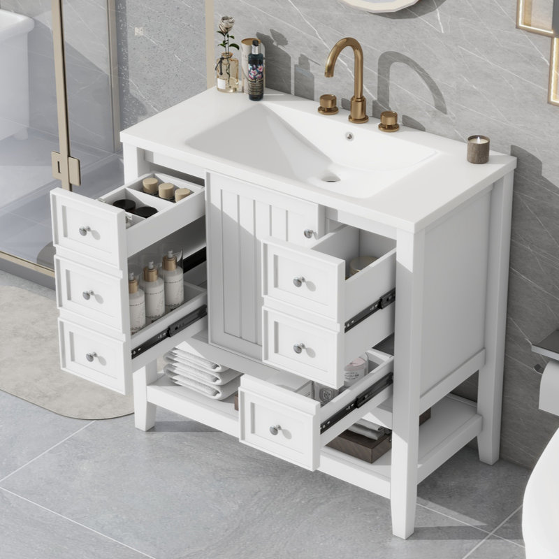 Meuble-lavabo simple 36 po avec comptoir en céramique Bloxberg, Blanc