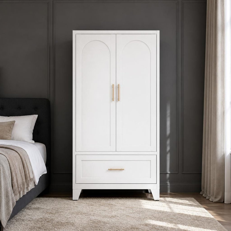 Armoire haute en acier peu encombrante avec 1 tiroir et garde-robe, armoire autoportante à 2 portes avec étagère réglable pour chambre, bureau, buanderie, entrée, hall, chambre d'amis et espaces de vie compacts.