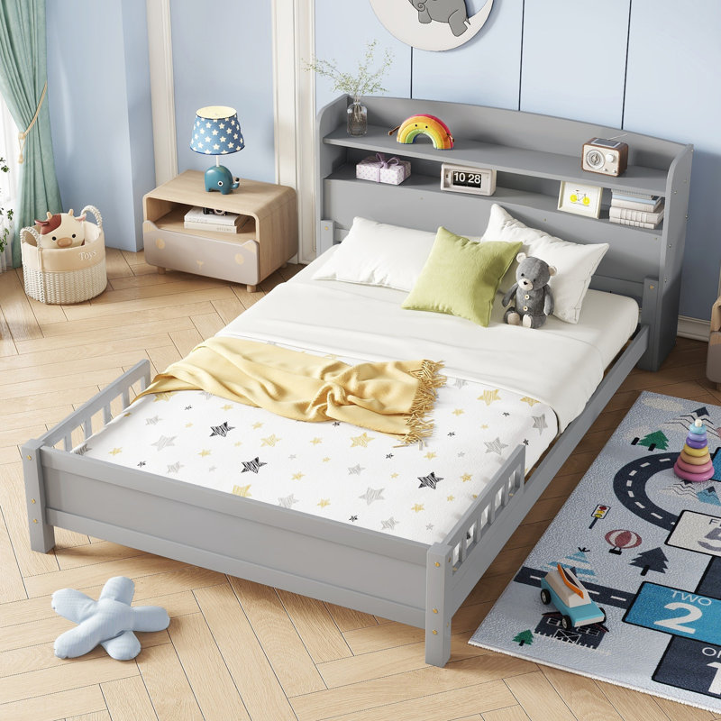 Marquece Wood Bed with Bookcase Headboard and LED Motion Sensor Light, Gray, Full