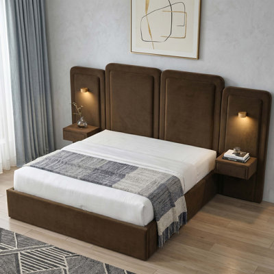 Ensemble de chambre à coucher 3 pièces: grand lit de rangement pneumatique en velours avec tables de chevet flottantes et lumières DEL