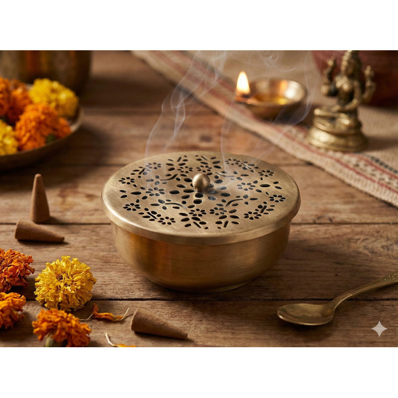Boîte à brûleur d'encens 3 "en laiton fabriqué à la main avec couvercle en treillis - Support traditionnel pour décoration intérieure, méditation et aromathérapie