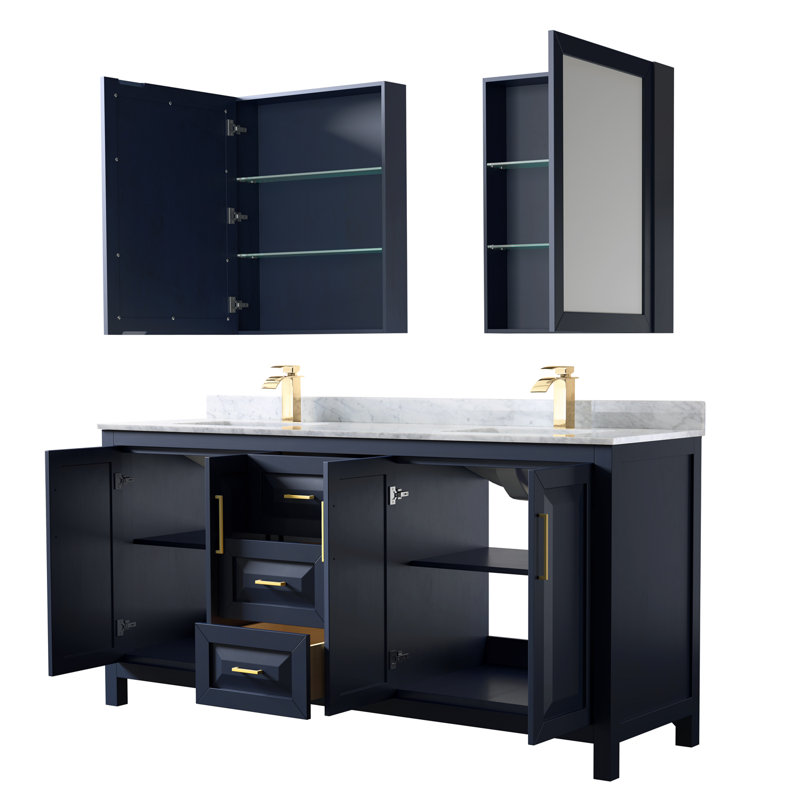 Daria 72'' W Double Vanity, White Cultured Marble, Dark Blue, Brushed Gold