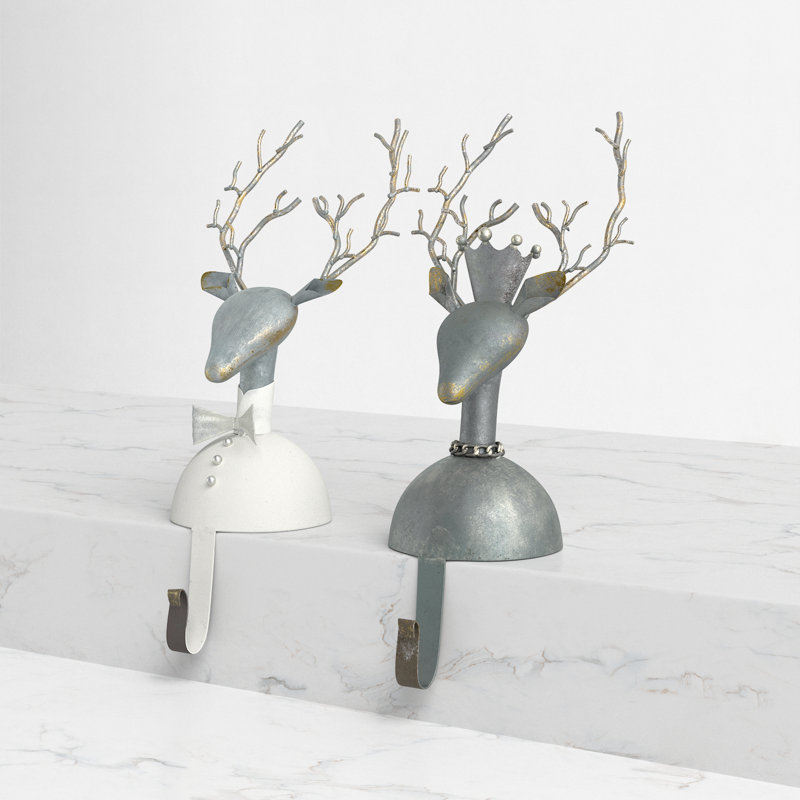 Rustic Handcrafted Metal Deer Stocking Holders, Set of 2