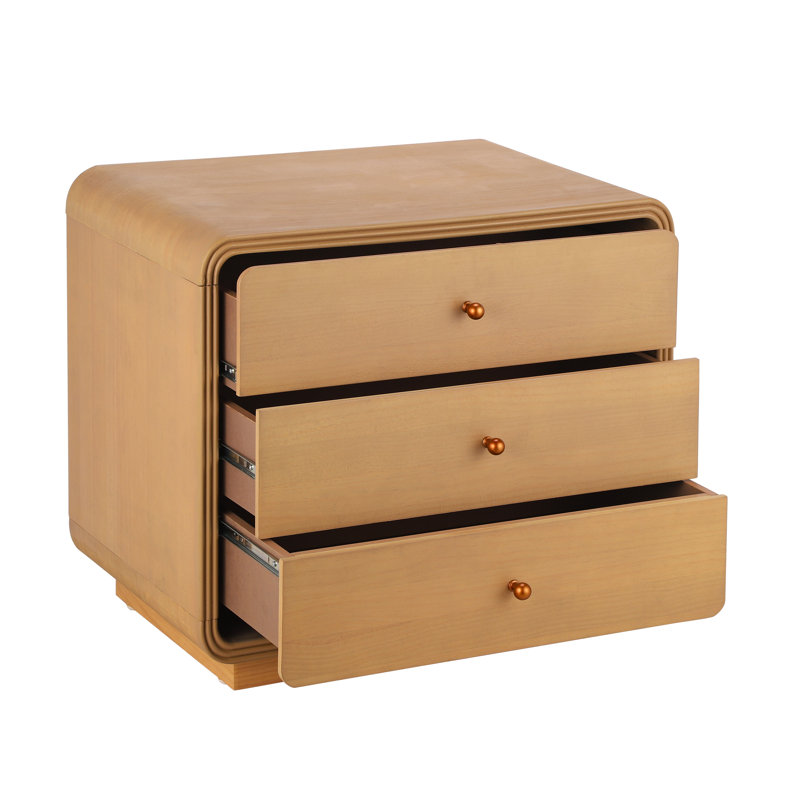 Lyra Modern 3-Drawer Nightstand With Curved Edges And Antique Gold Handles, Natural