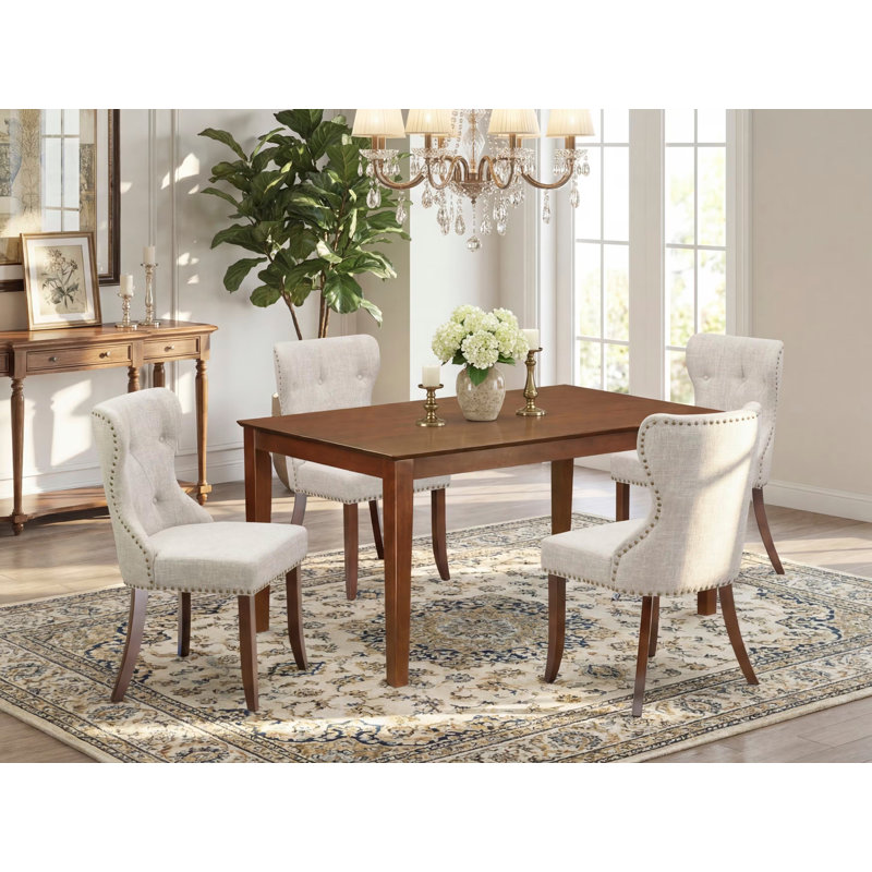 L'ensemble de table de cuisine 5 pièces pour 4 personnes comprend une table de salle à manger rectangulaire et 4 chaises de salle à manger Parson en toile de lin, acajou