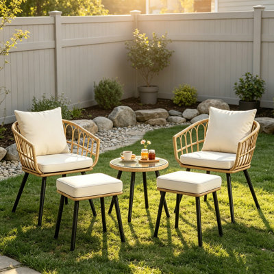 5 Piece Patio Furniture Set, All-Weather PE Rattan Conversation Set, Outdoor Bistro Set with Cushioned Chairs, Ottomans & Tempered Glass Coffee Table, Weather Resistant Wicker Seating for Balcony Porch Deck Poolside Small Space