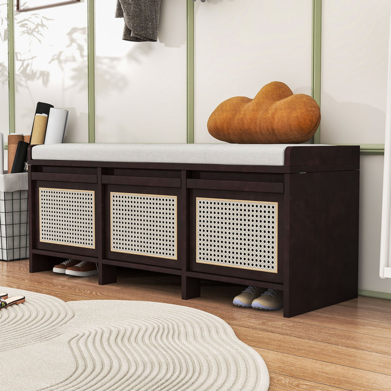 Banc de rangement pour hall d'entrée rétro avec 3 tiroirs en rotin, rangement dissimulé à plateau relevable et coussin rembourré amovible pour le couloir