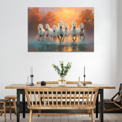 Art mural cheval, 7 chevaux qui courent avec un cadre Vastu, décor de cheval, 7 chevaux qui courent, art mural sur toile pour grand salon, chambre à coucher, bureau 18 po x 24 po