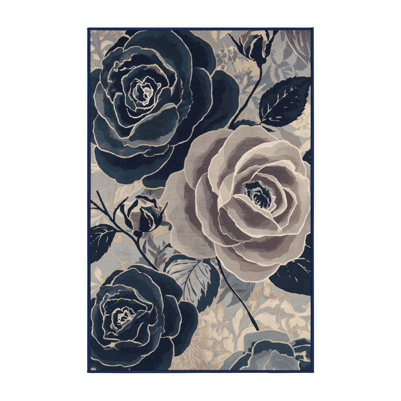 Machine Washable Parrilla Tea Rose French Floral Rug in Beige – Navy Binding, 7x9