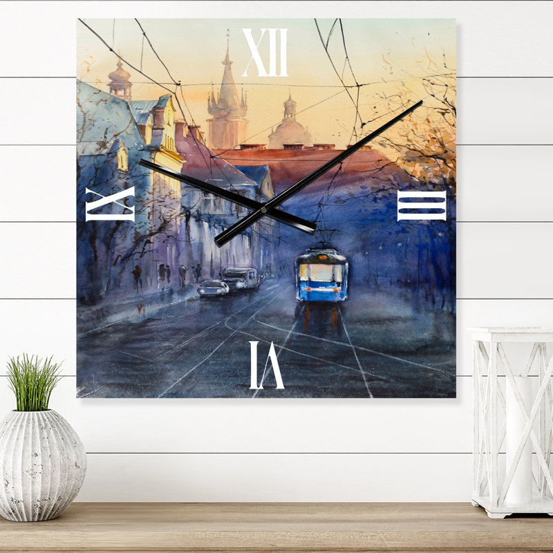 Horloge murale bleue et marine au coucher du soleil avec une église au coucher du soleil, Grand