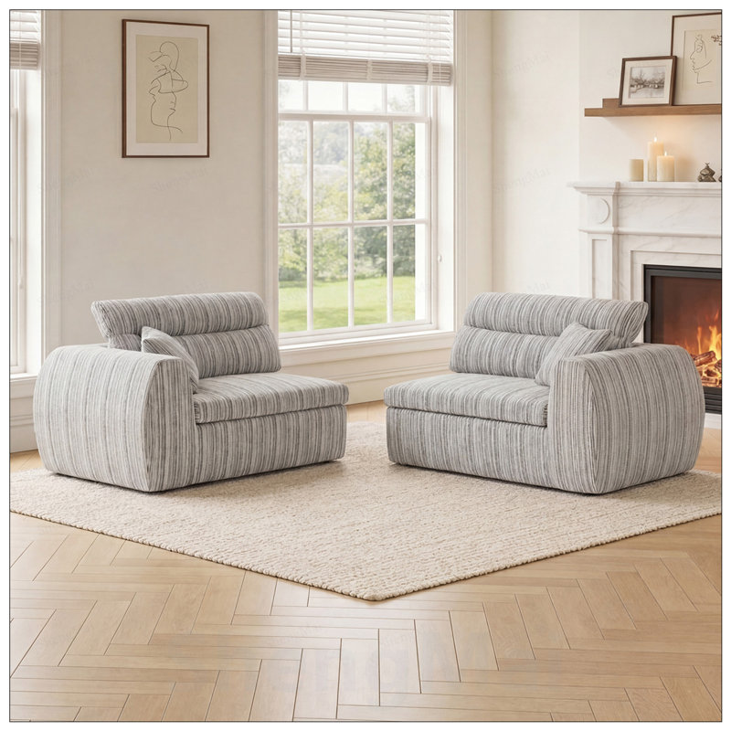 Chenille Stripe Fabric Compressed Sponge Sofa, 3-Seater Modern Upholstered Couch with Throw Pillows for Living Room, Apartment, Small Space