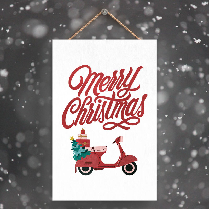 Xmas Merry Christmas Scooter Wooden Plaque, 18.5cm H x 12cm W x 0.9cm D