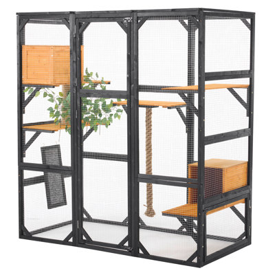 Maison pour chat d'extérieur, enclos pour chat bricolage, chat Catio avec portes à double entrée, parc pour chat avec l 62,8 po x l 32,2 po x H 68,5 po avec plateformes et deux condos pour 1 à 3 chats