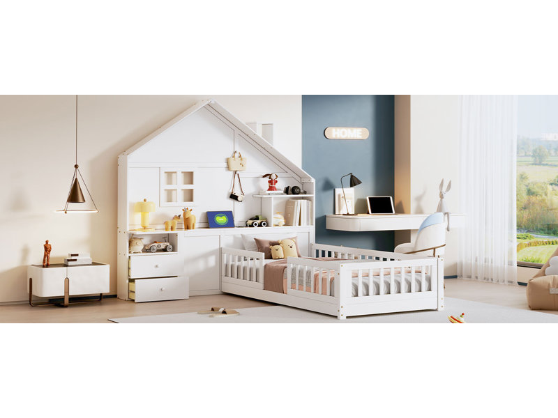 Lit maison avec fenêtre et tiroirs de chevet, lit plateforme avec tablettes et ensemble de prises et port USB, blanc