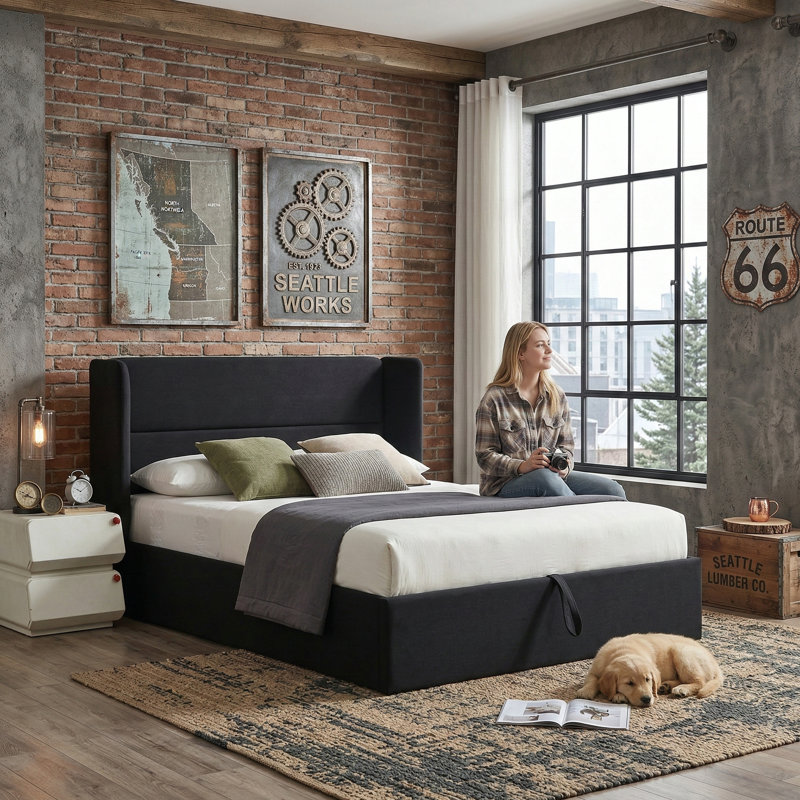 Lit plateforme tapissier avec rangement Gaillarde, Double, Noir