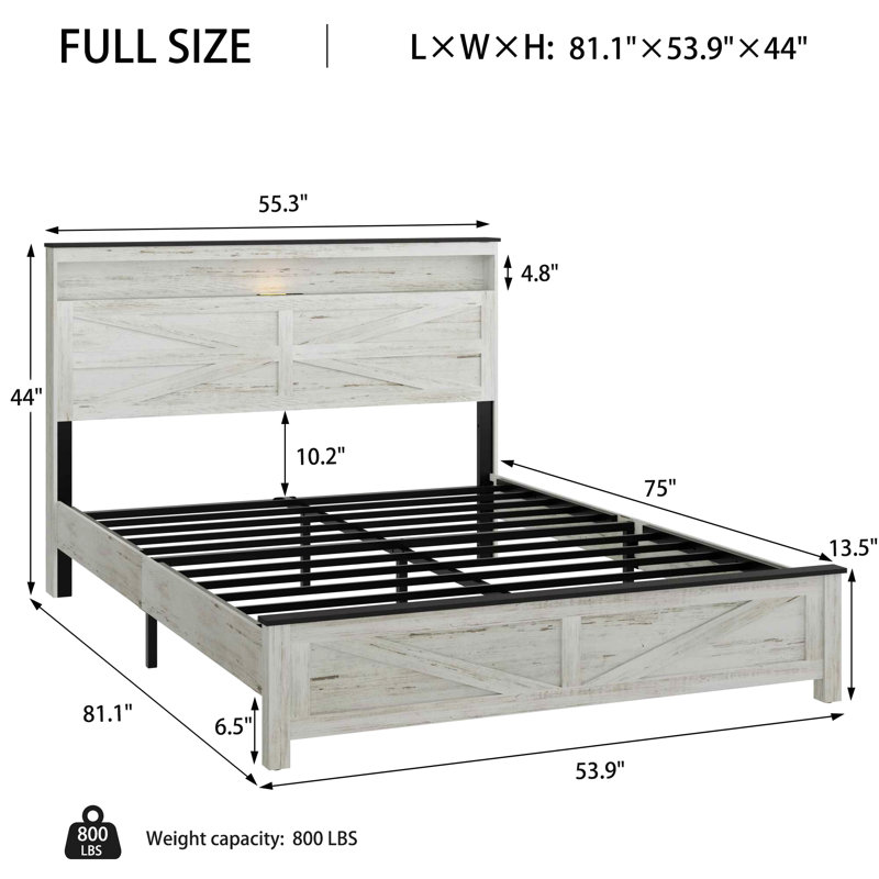 Tête de lit avec tête de lit avec lumières à DEL et base de lit plateforme avec coussin de charge, grand lit, avec tête de lit et espace de rangement caché