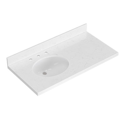 ARIEL 42 INCH CARRARA WHITE QUARTZ BATHROOM VANITY COUNTERTOP 1.5 INCH THICK MITER EDGE WITH OVAL SINGLE SINK AND INCLUDES BACKSPLASH