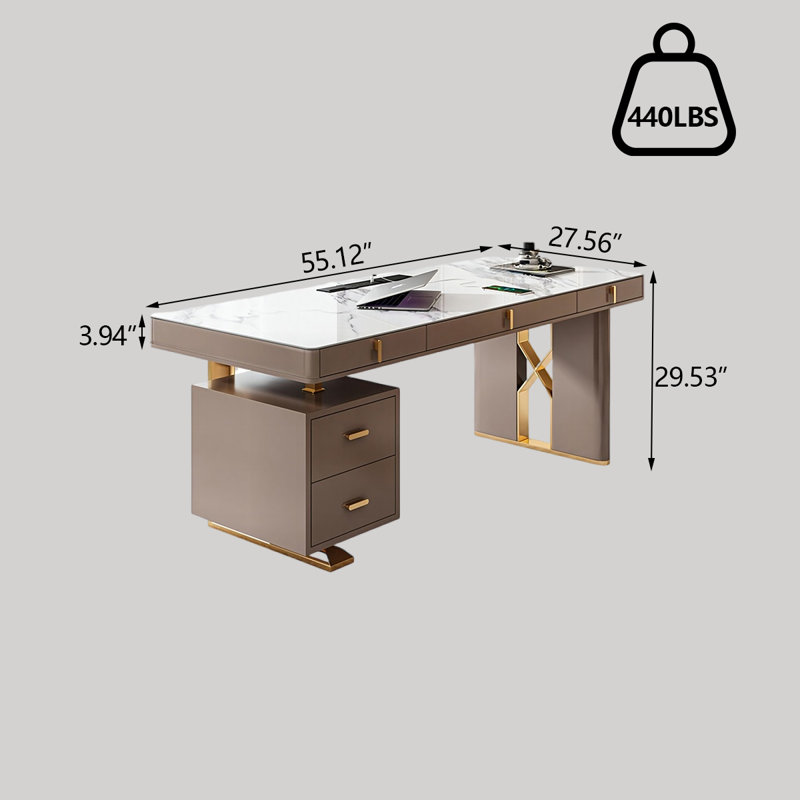 Bureau moderne 55,12 po en pierre frittée avec armoire intégrée et détails dorés, H 29,53 po x l 55,12 po x P 27,56 po