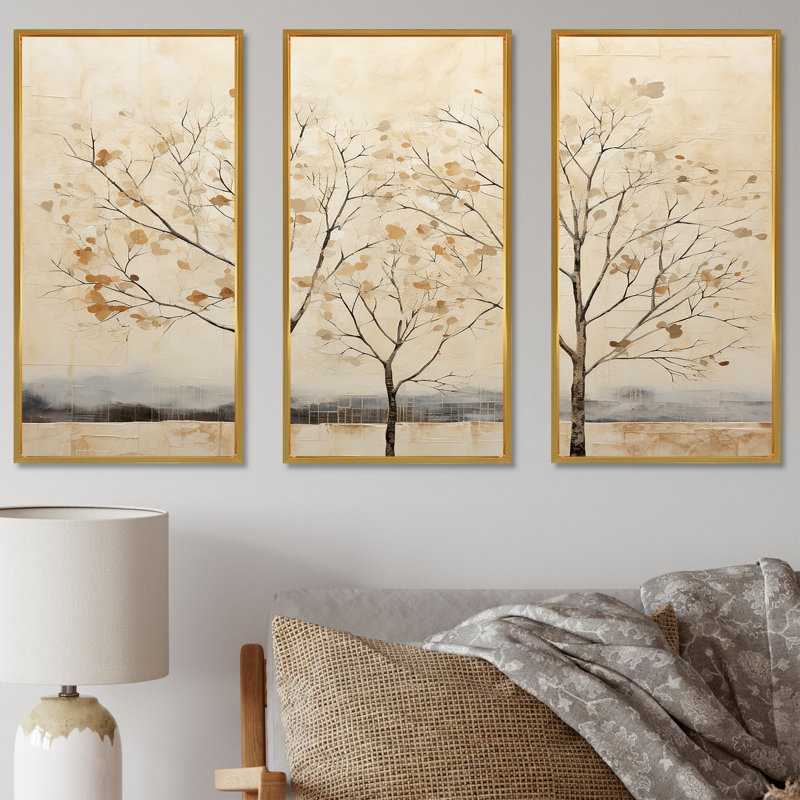 «Beige Trees» Harmony V - ensemble de reproduction d'art mural arbre, Cadre flottant doré, H 40 po x l 60 po x P 1 po