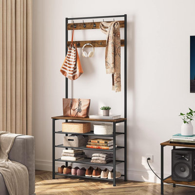 31.5”L Hall Tree with 9 Hooks & 5 Shelves – Multifunctional Coat Rack Shoe Storage for Entryway