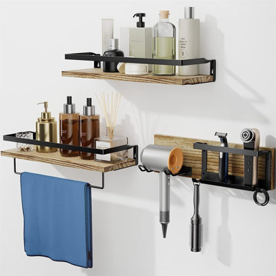HOMEFURNISHING Floating Shelves, Rustic Bathroom Shelves With Sturdy Hooks And Towel Bar, Paulownia Wood Wall Shelves For Bathroom